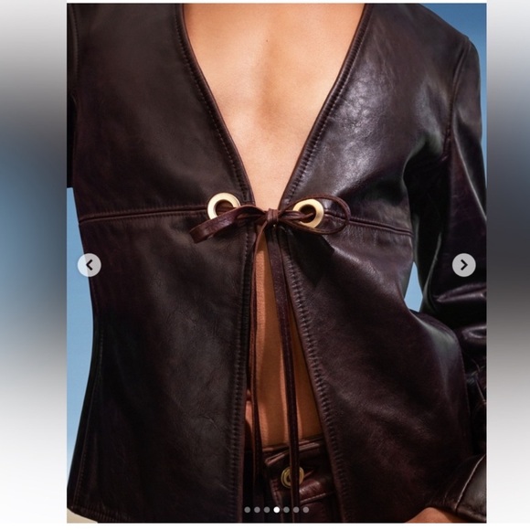 Cult Gaia Dark Brown Leather Tie-Front Jacket - Picture 2 of 8